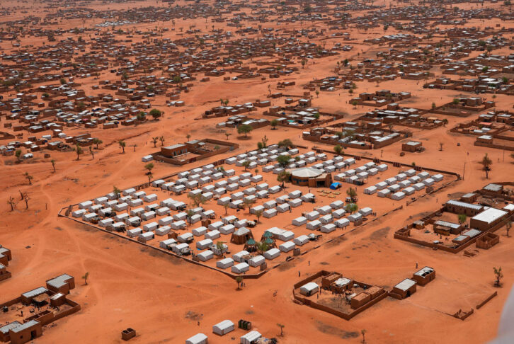 An aerial view of an internally displaced peoples camp in Burkina Faso, 2022.